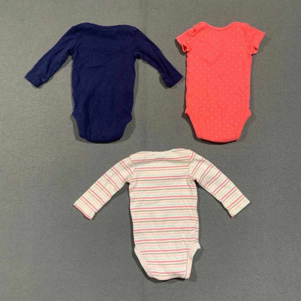 Carters Baby Girl 6 Months Bodysuit Lot‎ 3pk Navy Pink Striped Heart Cupcake